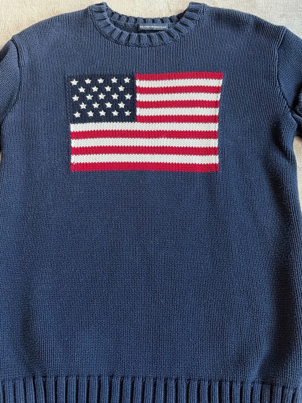 Brandy Melville Navy Knit Crewneck Sweater with American Flag